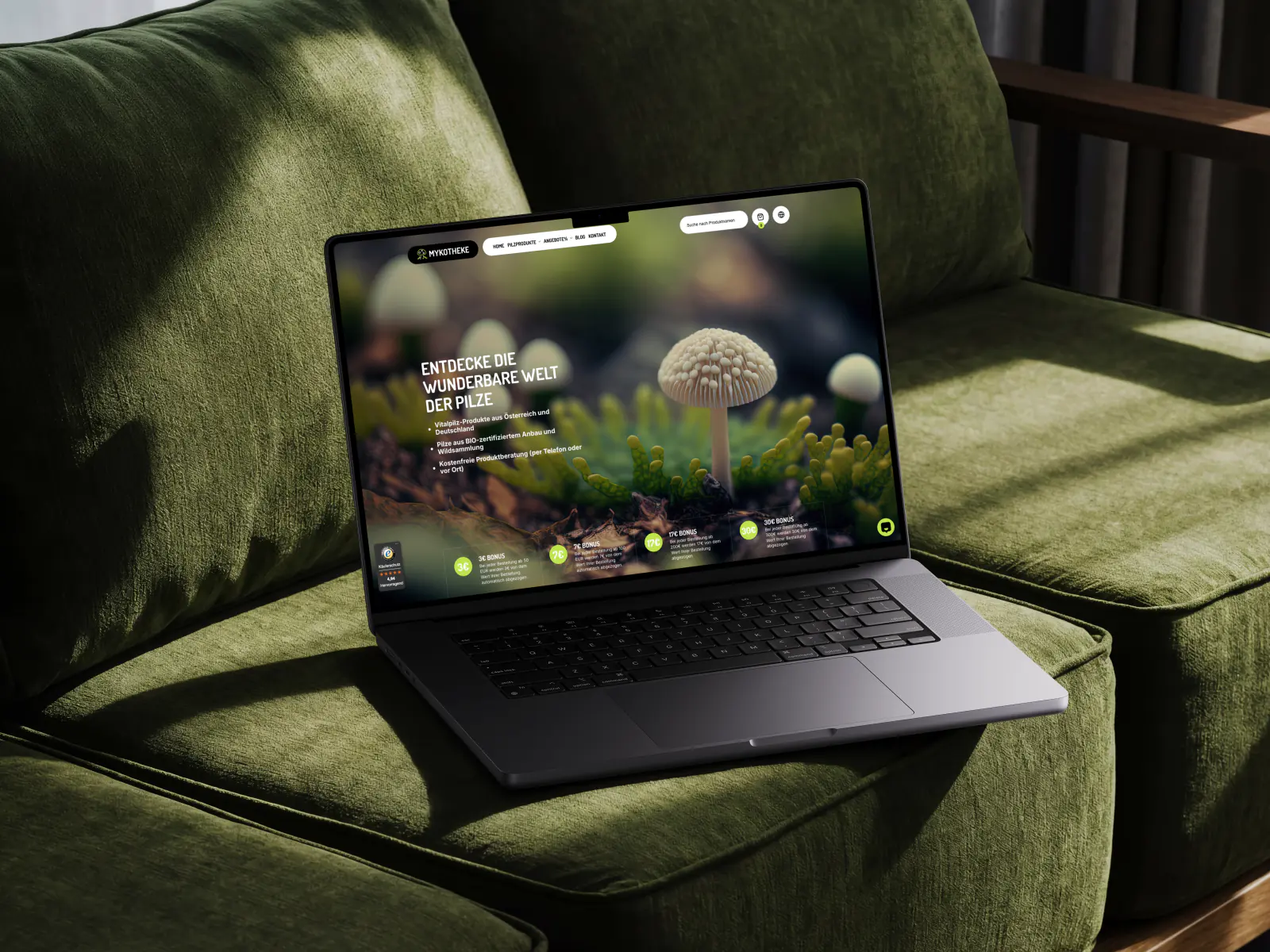 Der Onlineshop von Mykotheke auf einem MacBook: die Startseite mit Sortiment und Bonusstufen.